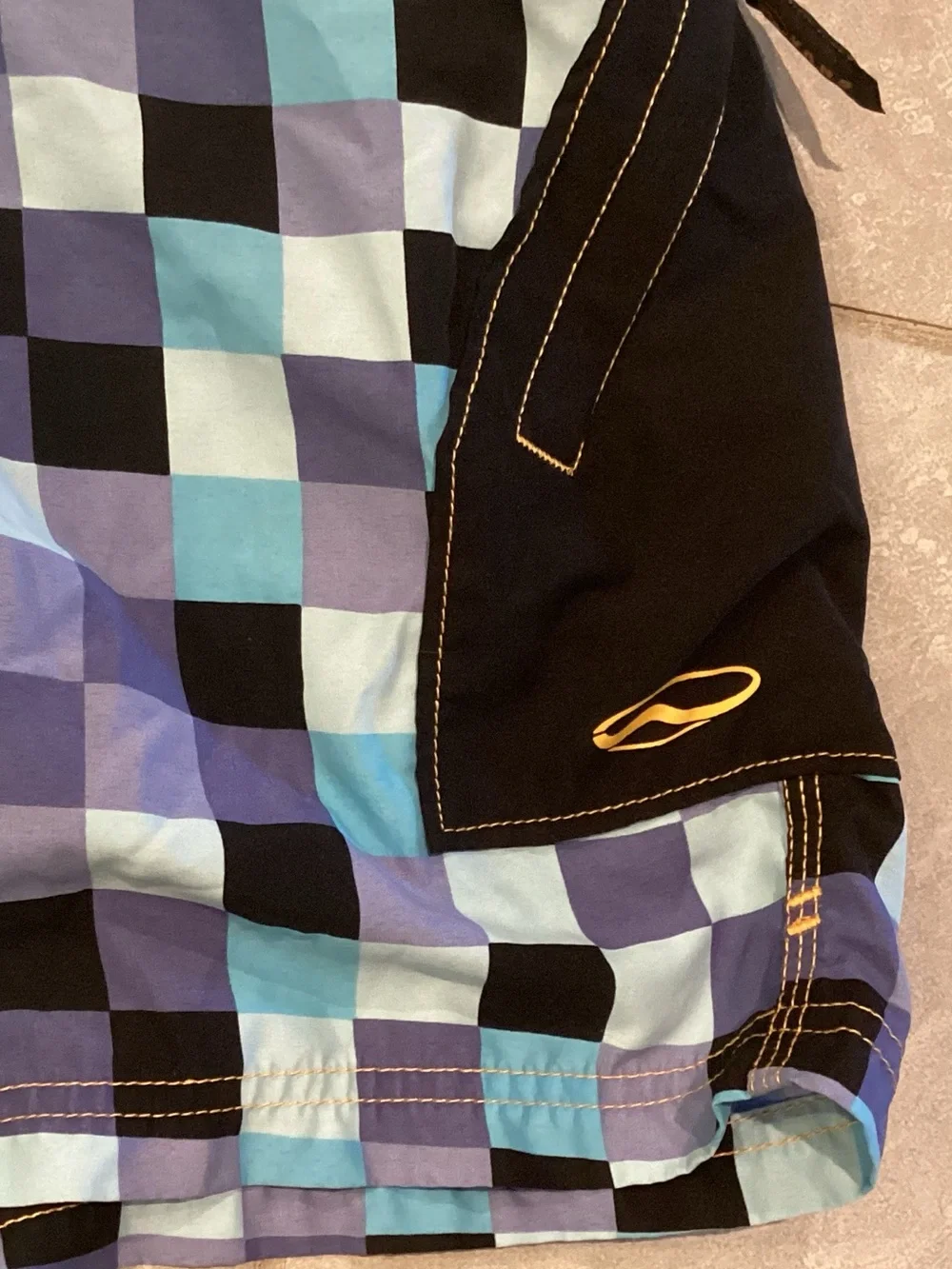 Men's Blue Plaid Swim Trunks with Orange Drawstring